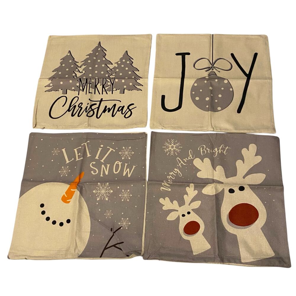 NWOT Set of 4 Christmas Themed Beige and Gray 18 x 18 Pillow Covers ONLY